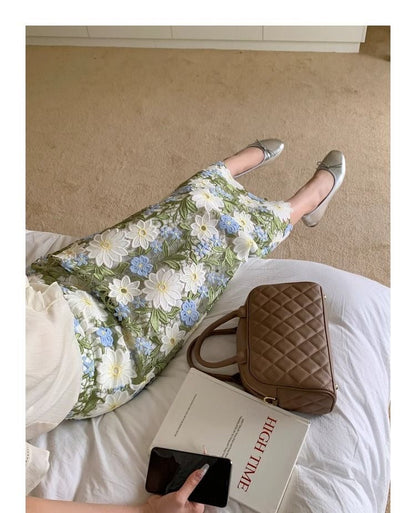 Floral Green Straight Elegant Embroidery Skirt FashionChic