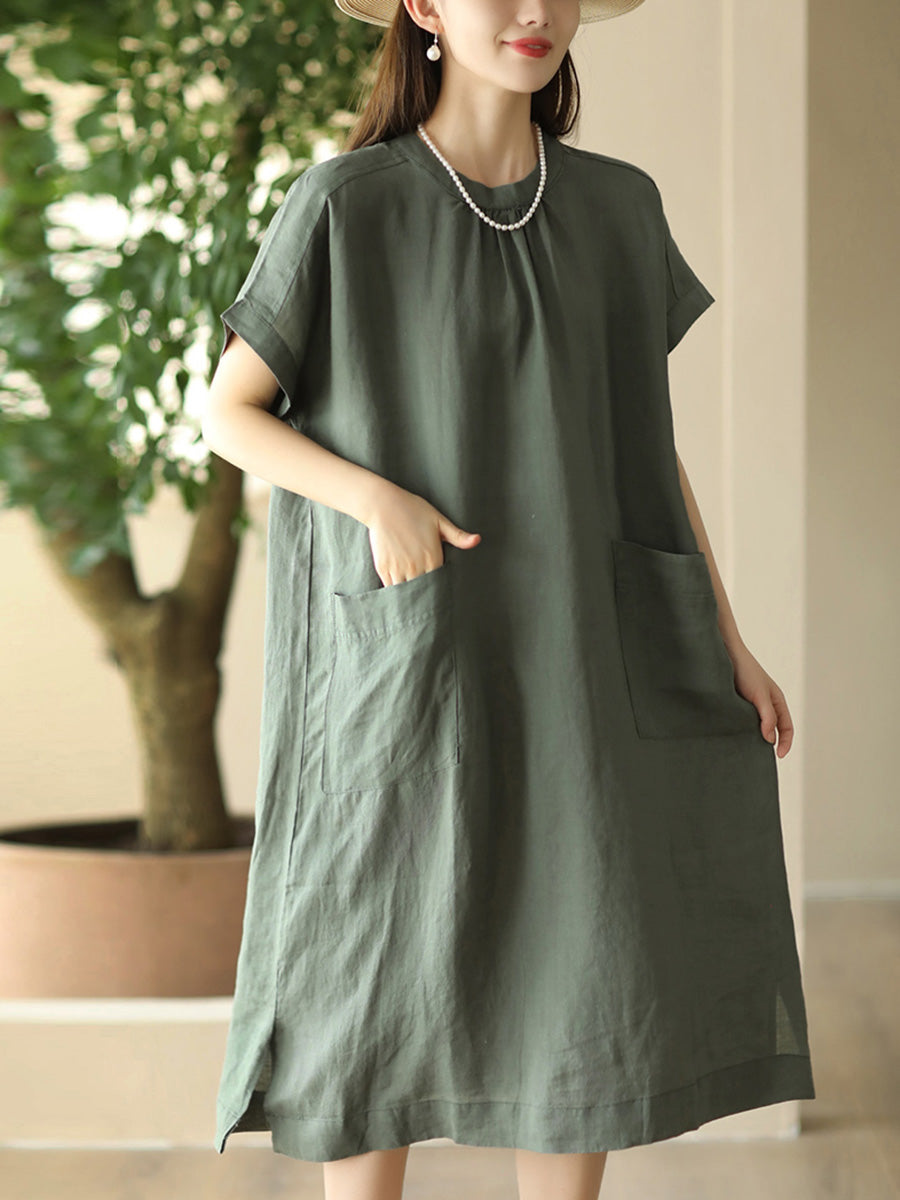 Women Summer Casual Solid Pocket O-Neck Linen Dress FD051 ZMMM