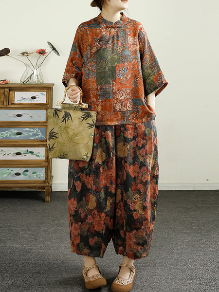 Women Summer Retro Floral Print Ramie Harem Pants CX052 BUYKUD