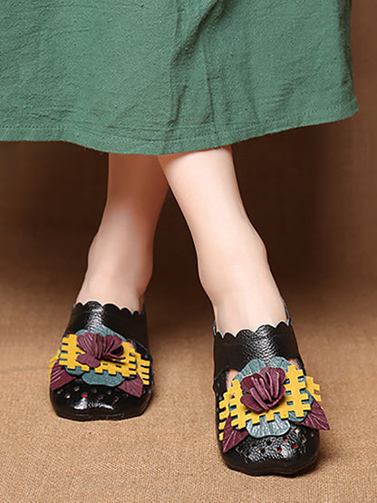 Women Summer Ethnic Leather Flower Spliced Low Heel Sandals FD014 TOYA