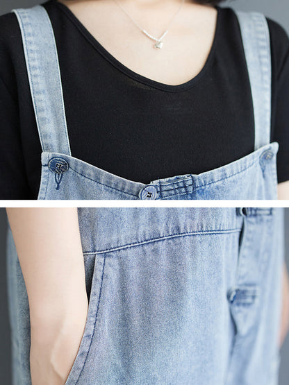 Women Summer Casual Solid Denim Shirred Jumpsuits AT1032 ZMFS