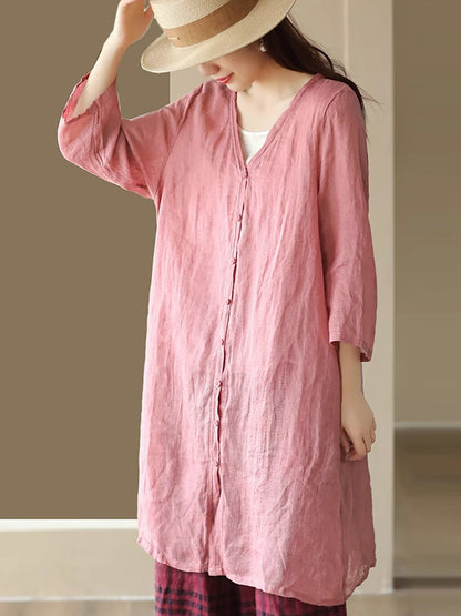 Women Summer Casual Solid Linen Button-up Long Shirt SC1033 Ada Fashion