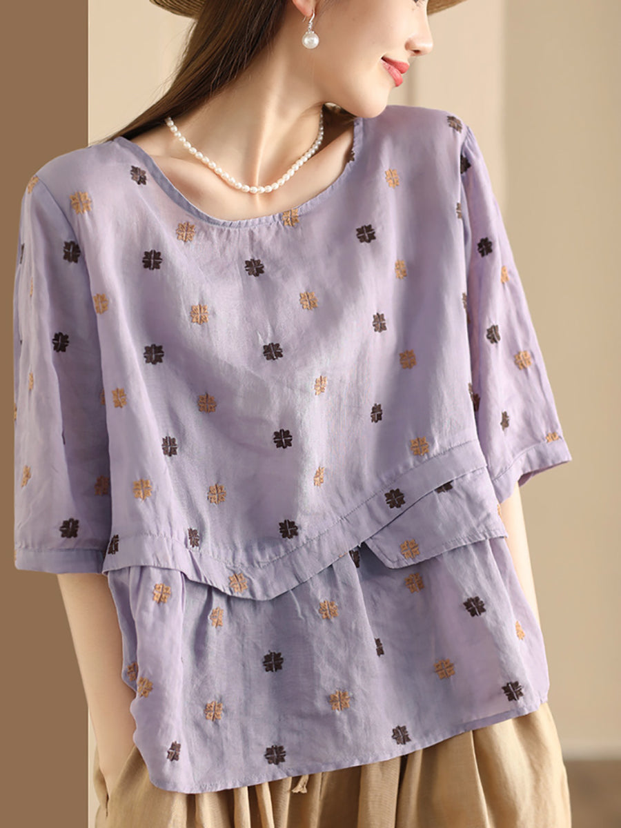 Women Summer Embroidery Spliced Ramie Loose Shirt XX1046 Ada Fashion