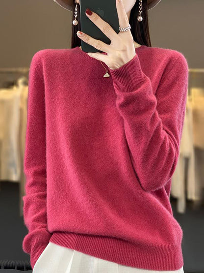 Women Autumn Solid Knit 100%Wool O-Neck Sweater WU023 BK