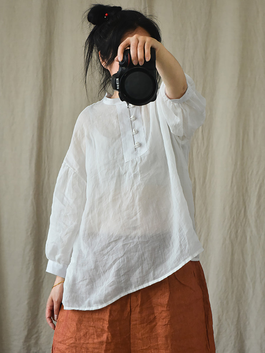 Women Vintage Solid 100%Ramie Summer Loose Shirt AS1047 QYMM