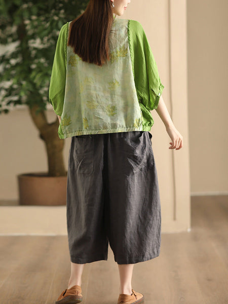 Women Summer Vintage Flower Spliced Button-up Ramie Shirt FD042 ZMMM