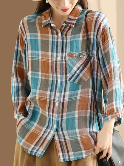 Women Vintage Plaid Summer Ramie Button-up Shirt SC1016 Ada Fashion