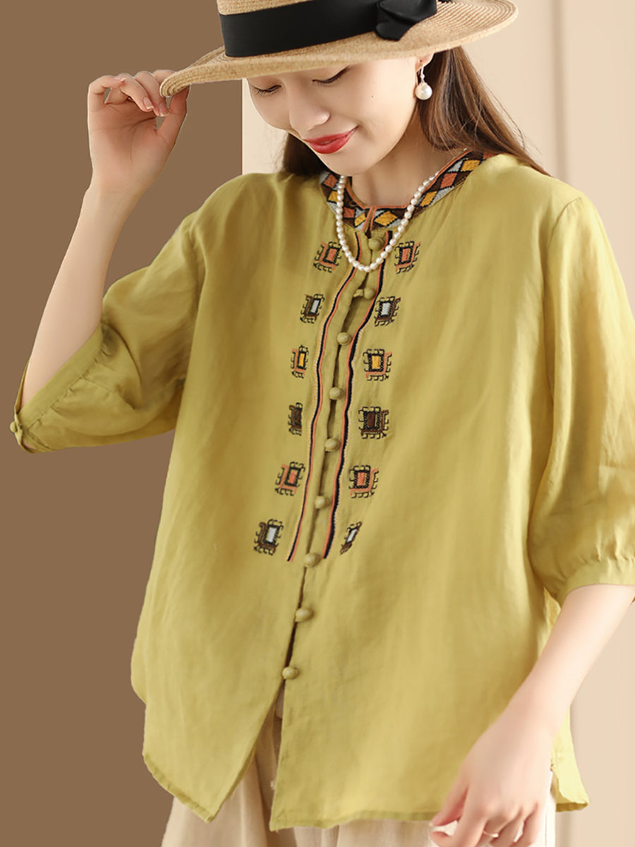 Women Summer Ethnic Embroidery Ramie Shirt ZZ1053 Ada Fashion