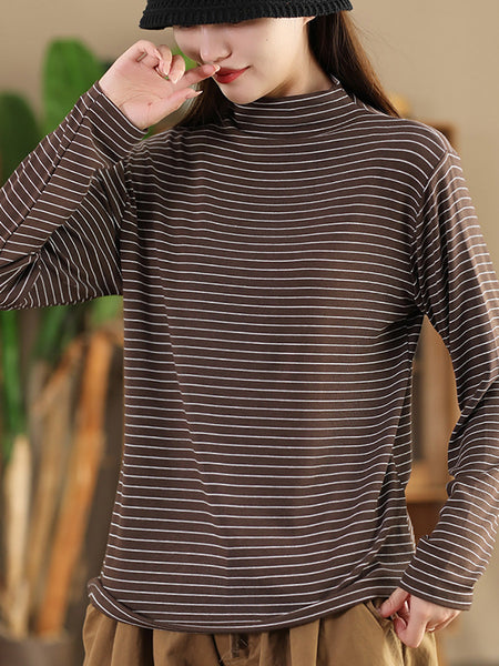 Women Autumn Casual Stripe Half Turtleneck Blouse AI1064 ZMMM