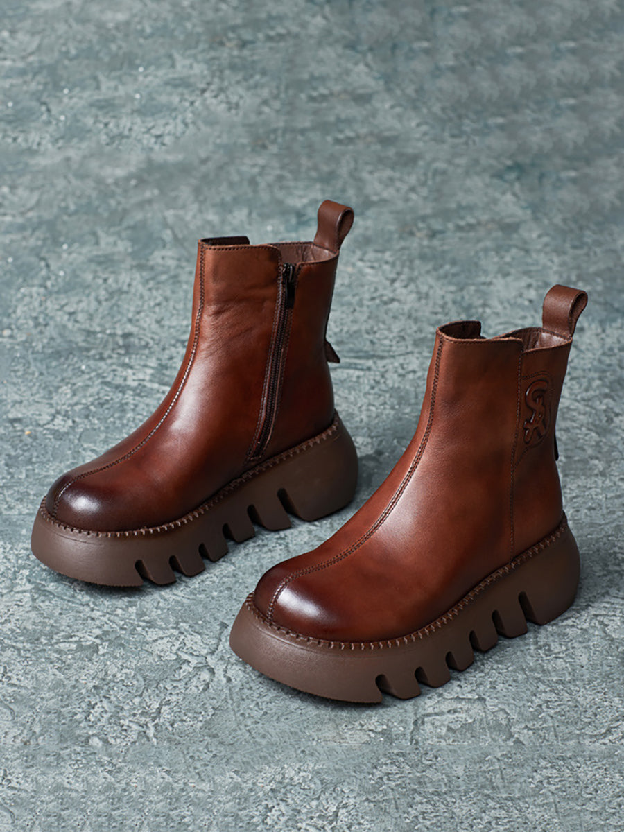 Women Retro Genuine Leather Platform Boots QM017 RXMY