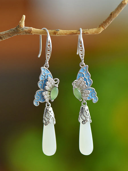 Butterfly Ethnic Enamel Earrings Women Jade S925Silver FashionChic