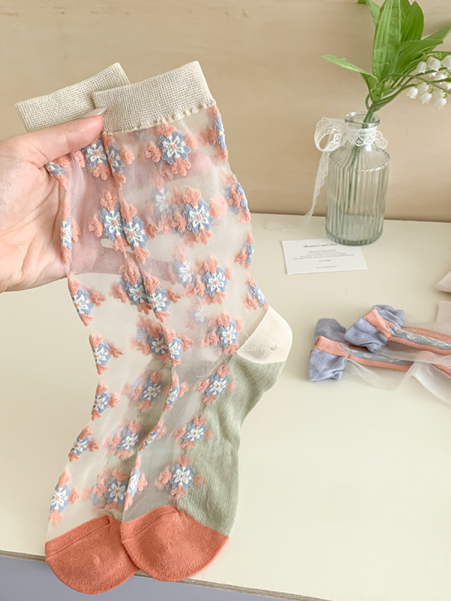 3 Pairs Women Artsy Flower Jacquard Long Socks FD029 TKWY