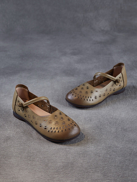 Genuine Shoes Women Summer Hollow Out Heel Low Leather FashionChic