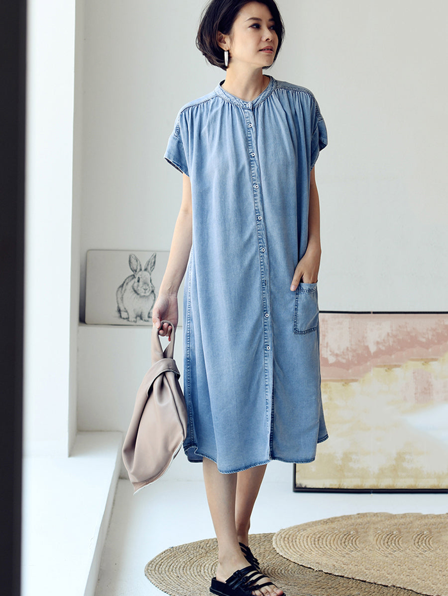 Plus Size Women Summer Casual Solid Blue Denim Dress HH030 MLXY