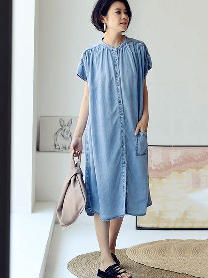 Plus Size Women Summer Casual Solid Blue Denim Dress HH030 MLXY