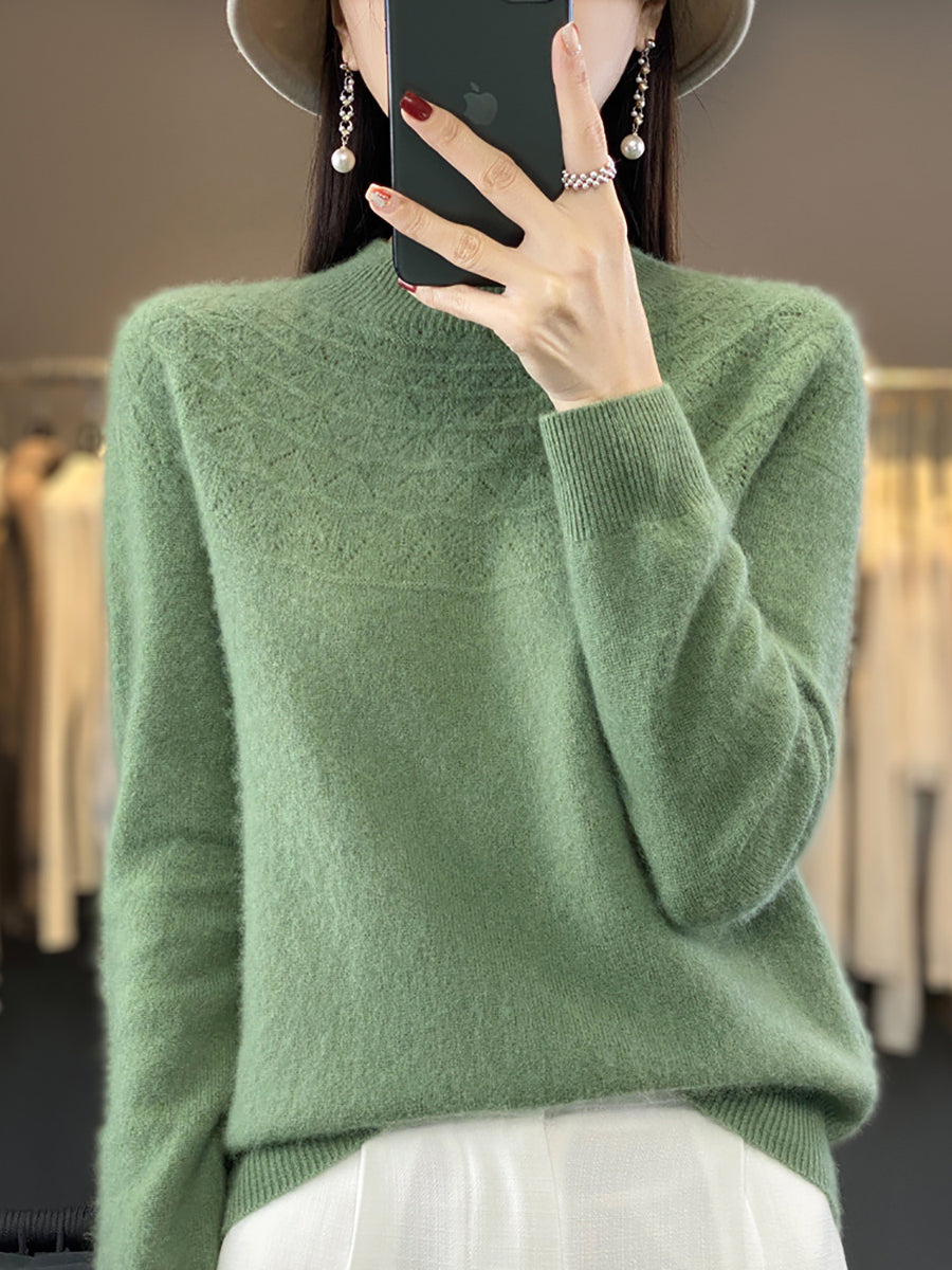 Women Autumn Solid Cable Knit 100%Wool Half Turtleneck Sweater QN017 BK