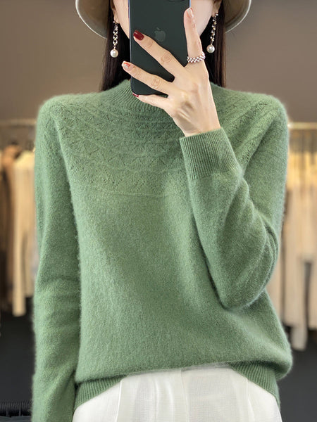 Women Autumn Solid Cable Knit 100%Wool Half Turtleneck Sweater QN017 BK