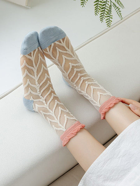 5 Pairs Women Artsy Summer Flower Jacquard Thin Socks CX040 BUYKUD