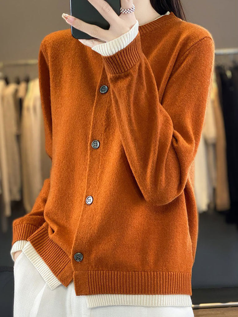 Women Autumn Colorblock Knit 100%Wool O-Neck Sweater QM006 BK