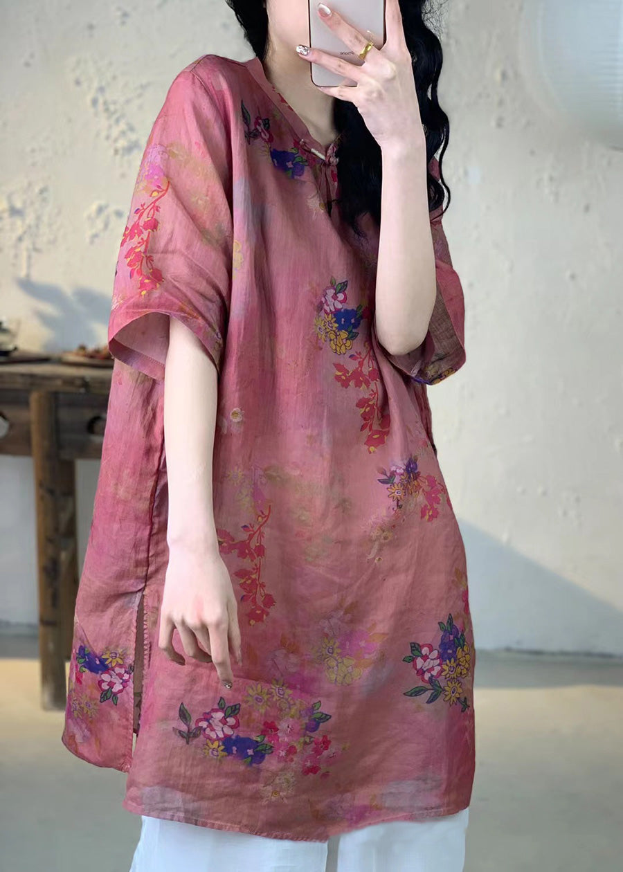 Women Summer Vintage Flower Long Ramie Shirt PA1013 Ada Fashion