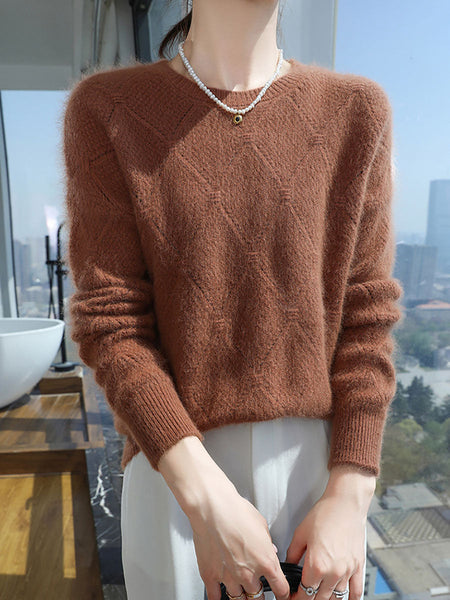 Women Autumn O-Neck Solid Rhomboids Wool Warm Knit Sweater AV1010 Genistyle Shop