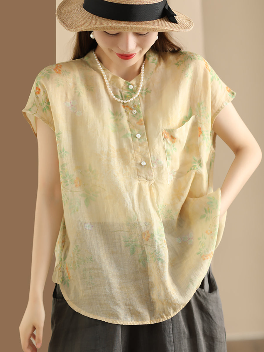 Women Summer Vintage Ramie Print Button-up Ramie Shirt OP1041 BUYKUD