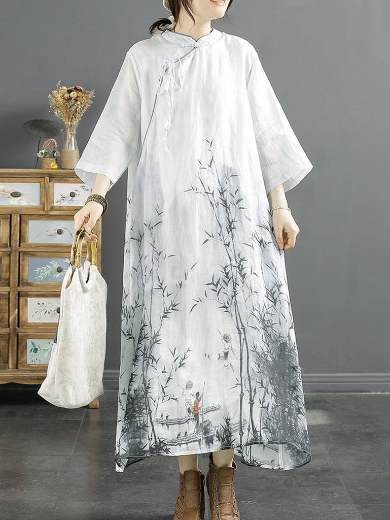 Plus Size Women Summer Bamboo Print Ramie Dress SC1029 Ada Fashion