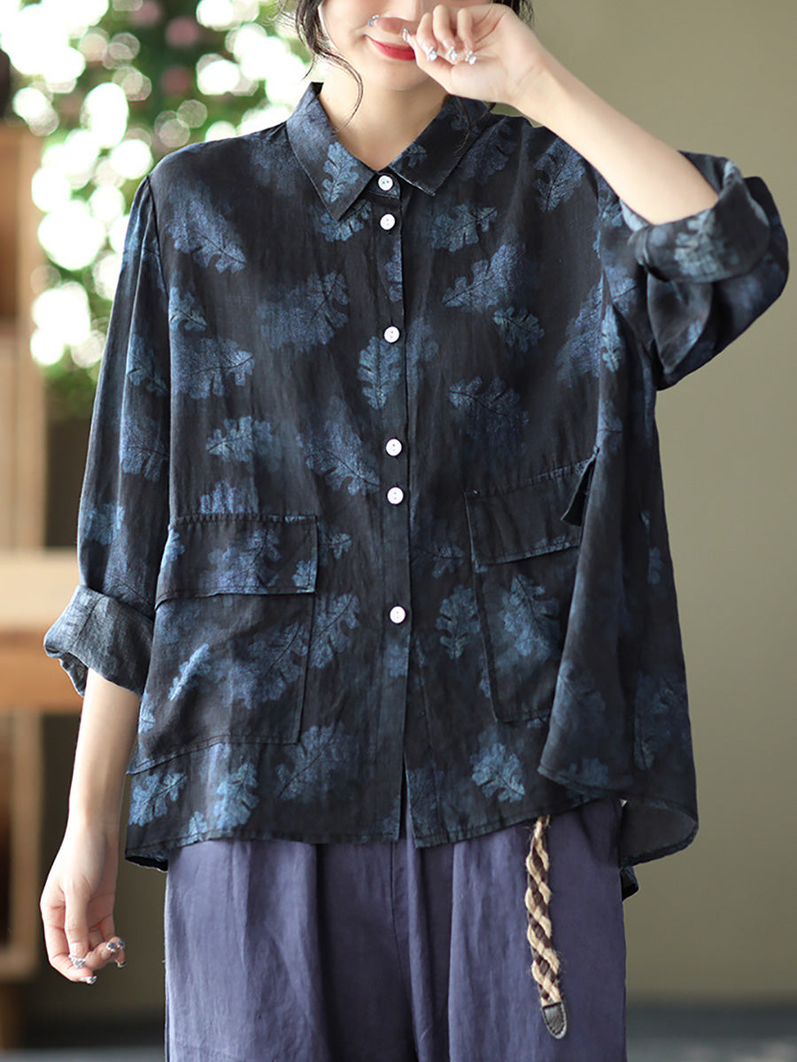 Women Vintage Floral Spring Button Up Ramie Blouse AT1089 BUYKUD