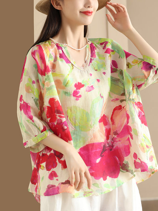 Women Summer Flower V-Neck Ramie Loose Shirt OO1035 ZMMM