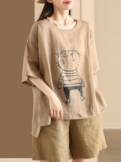 Women Summer Cartoon Cat Print Ramie Pullover Shirt OO1034 BUYKUD