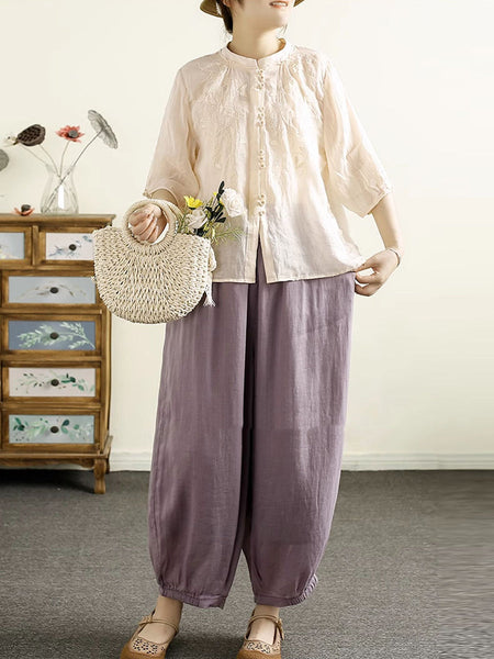 Women Summer Artsy Embroidery Button Ramie Shirt II1043 BUYKUD