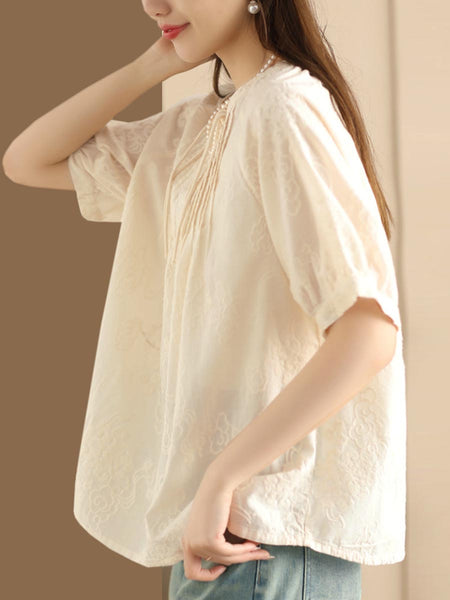 Women Artsy Solid Jacquard Shirred Cotton Loose Shirt XX1018 Ada Fashion