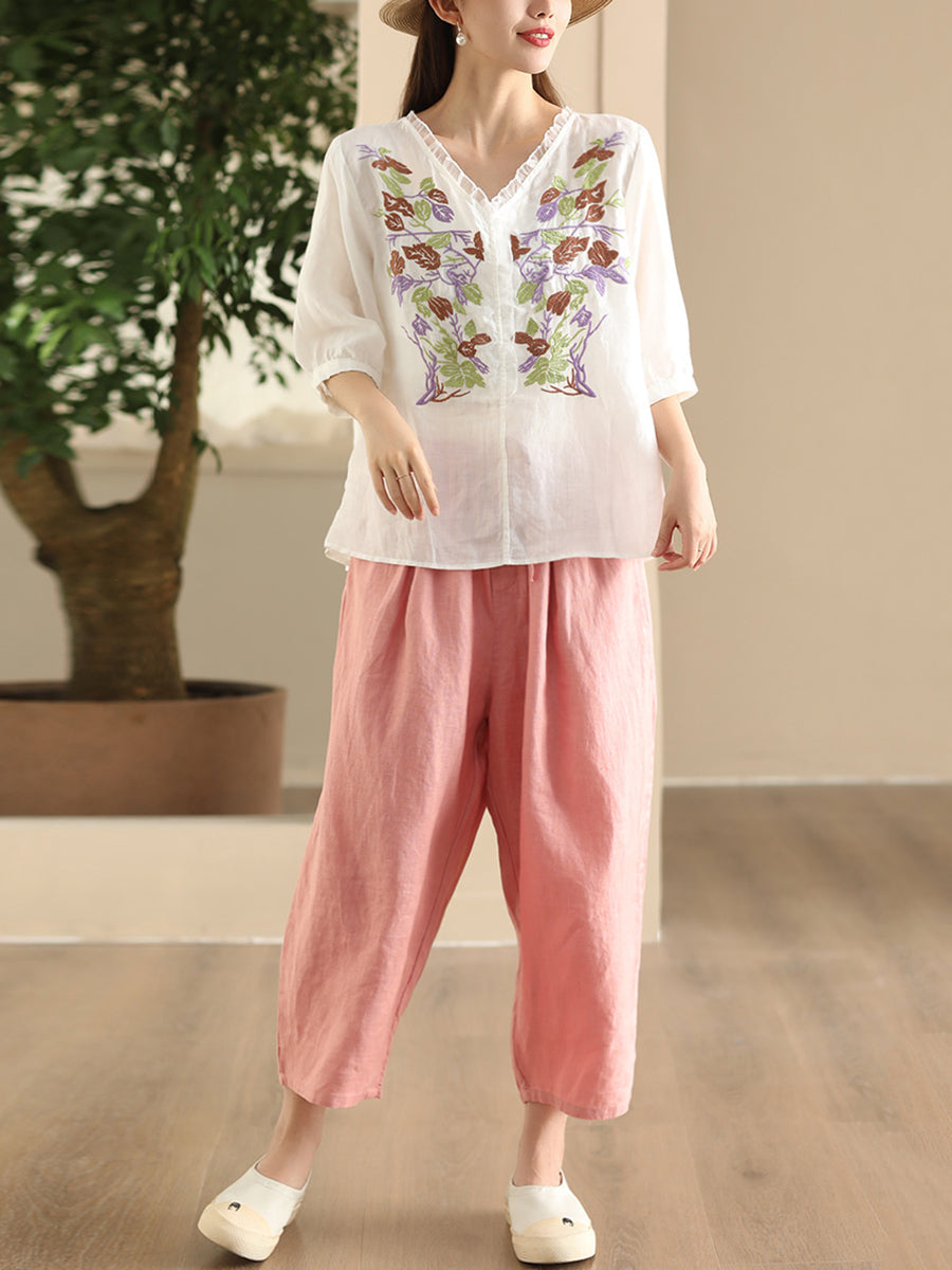 Women Summer Vintage Flower Embroidery Lace Ramie Shirt FD044 CTJY