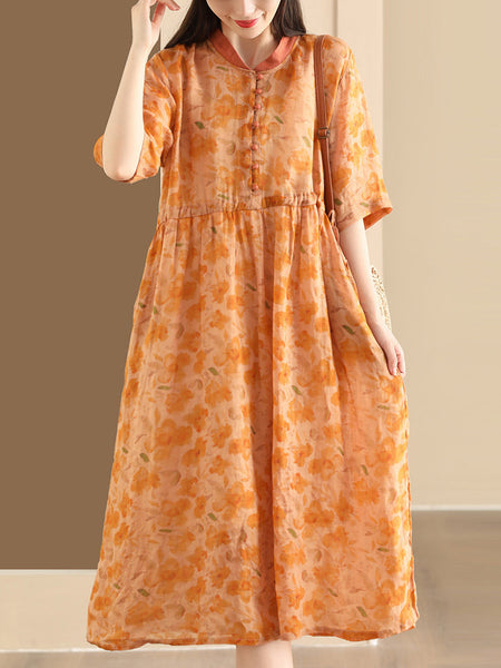 Women Summer Flower Stand Collar Ramie Dress OO1046 LPP