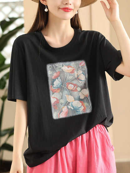 Women Summer Casual Flower Spliced Cotton Shirt CC031 JPFS
