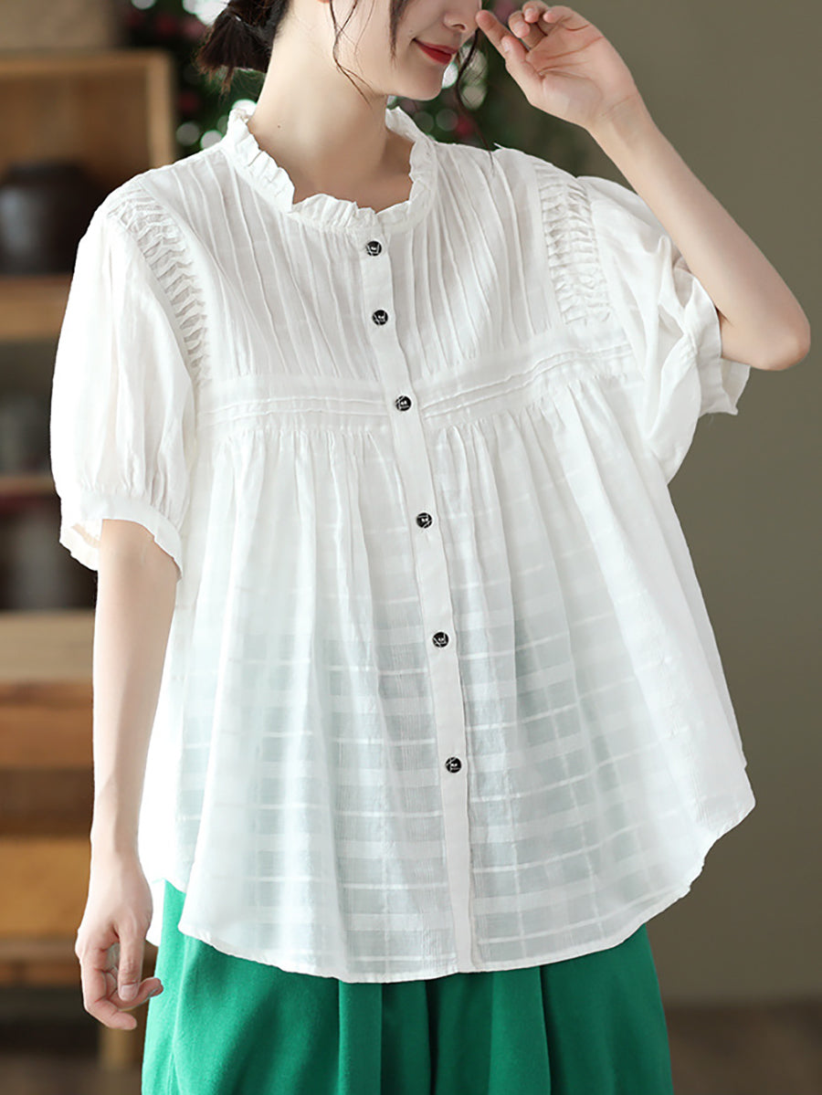 Women Artsy Shirred Stripe Cotton Agaric-Lace Shirt OP1006 BUYKUD