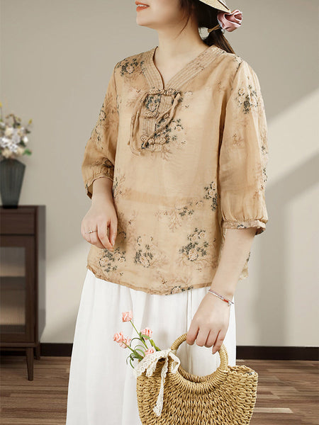 Women Summer Vintage Flower Buckle V-Neck Ramie Shirt HH014 BUYKUD