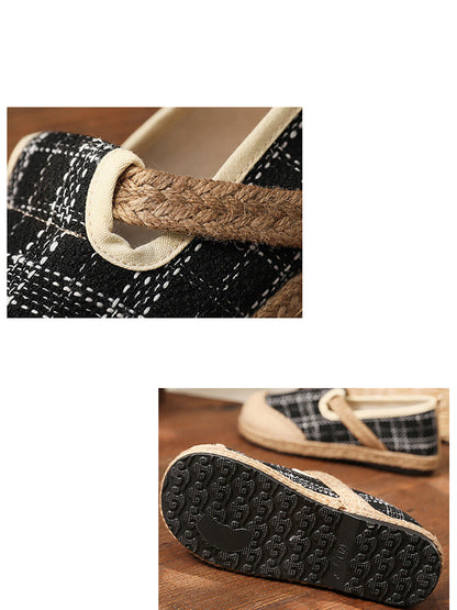 Women Artsy Summer Plaid Linen Spliced Flat Shoes RR007 BUYKUD