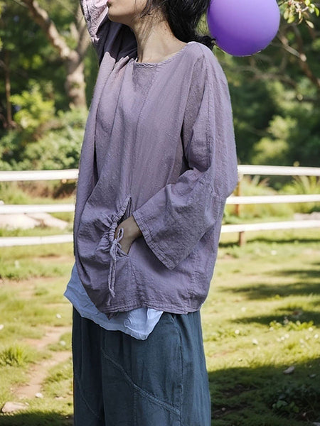 Women Spring Vintage Purple Drawstring Cotton Shirt SC1018 Ada Fashion