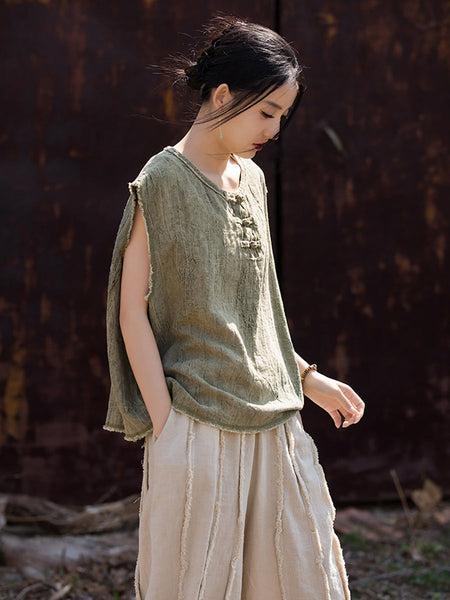 Women Summer Tie-dye Raw-edge Linen Vest CV1031 Ada Fashion