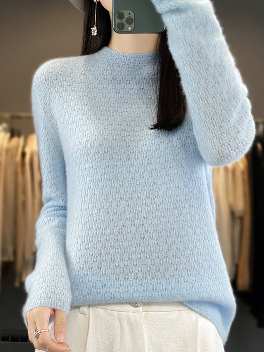 Women Autumn Casual Solid Knit 100%Wool O-Neck Sweater WU010 BK