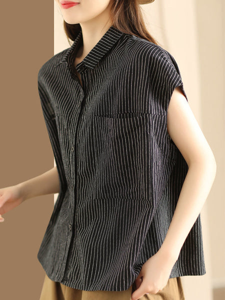 Women Artsy Summer Stripe Linen Button-up Shirt SC1046 Ada Fashion