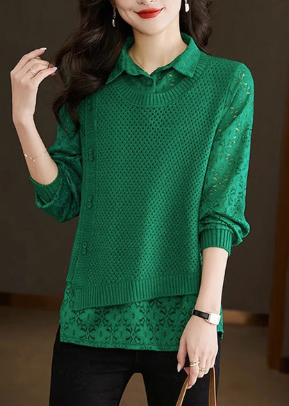 Style Green Peter Pan Collar Fake Two Pieces Lace Patchwork Knit Sweater Fall WD026 OL-NTP241103