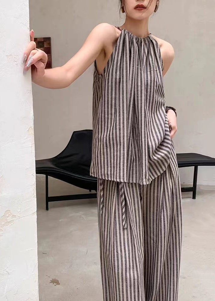 French Fashion Coffee Striped Top Wide Leg Pants Two Piece Set Summer EE055 shopify