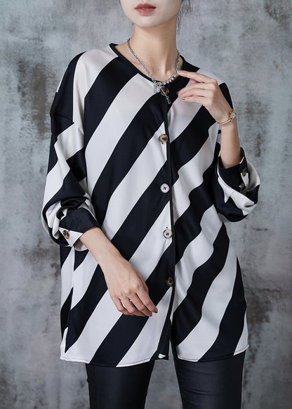 Elegant Black White Striped Oversized Chiffon Shirts Spring PZGY-LTP240826