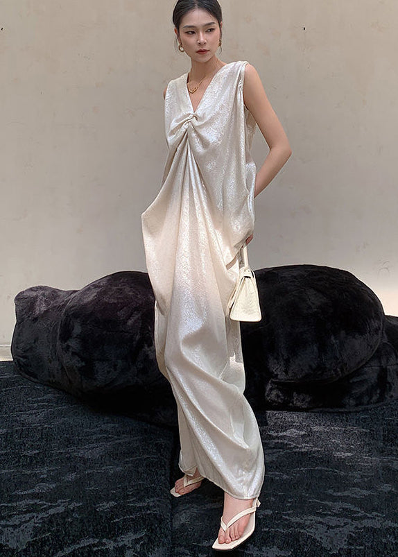 French Beige V Neck Wrinkled Silk Long Dress Sleeveless EE024 shopify