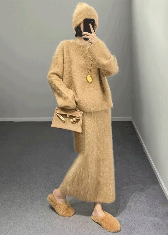 Fashion Khaki O Neck Woolen Two Piece Set Outfits Winter RY003 ABC