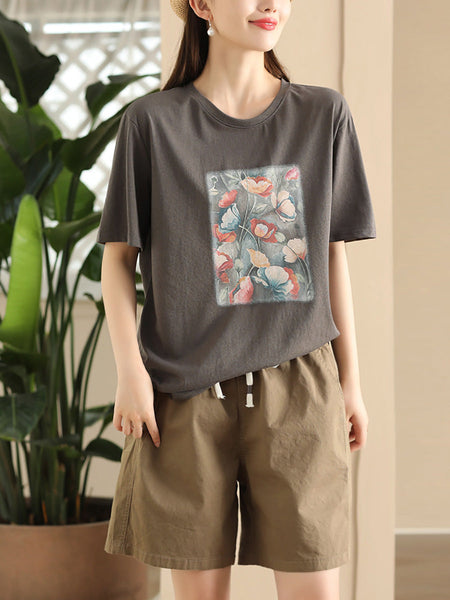 Women Summer Casual Flower Spliced Cotton Shirt CC031 JPFS