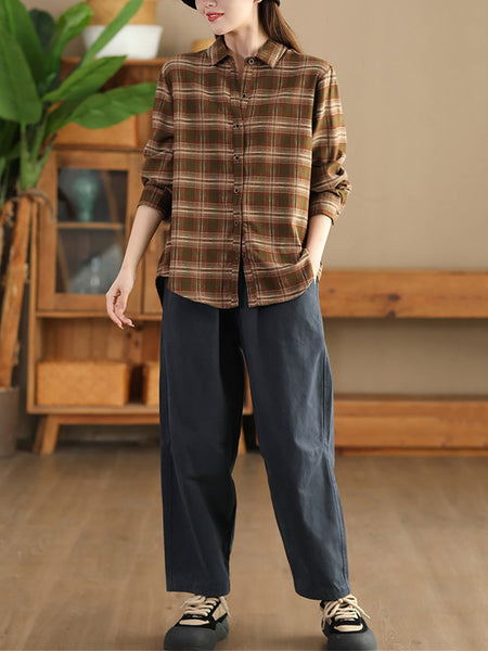 Women Autumn Vintage Plaid Button-up Cotton Blouse AI1031 ZMMM