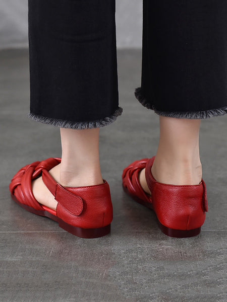 Summer Leather Flat Retro Women Weave Genuine Shoes FashionChic